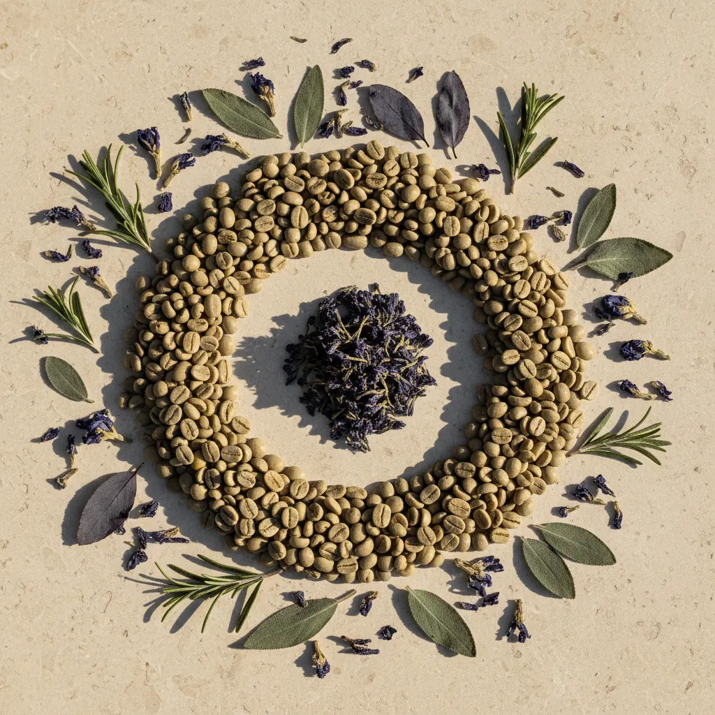 Green coffee beans, broccoli and dried herb leaves - green coffee bean extract benefits