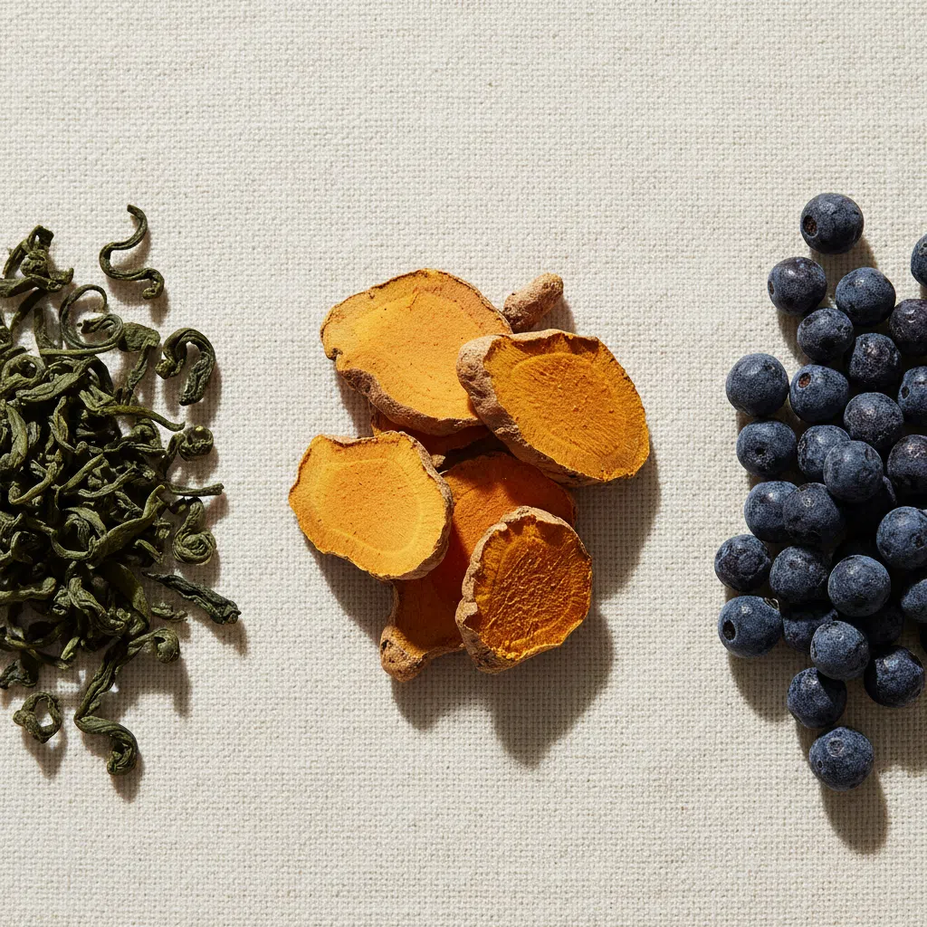 Turmeric root, green tea leaves and dried berries - detox and energy supplement botanicals
