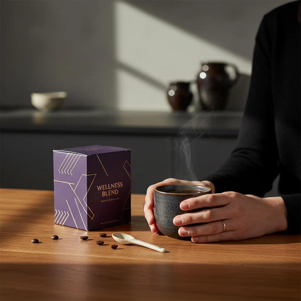 Hands holding a warm mug beside a Slim Coffee Booster box - daily wellness supplement routine